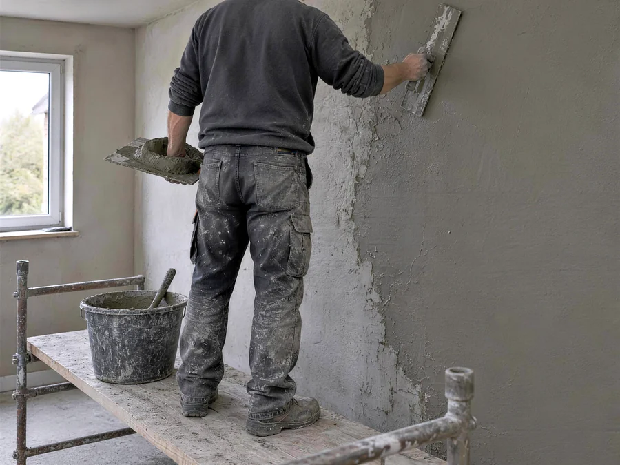 Innenputz wird mit dem Reibebrett auf die Wand gezogen