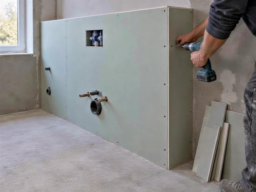 Vorwand aus Bauplatten mit ausgeschnittener Nische und vorbereiteten Anschlüssen