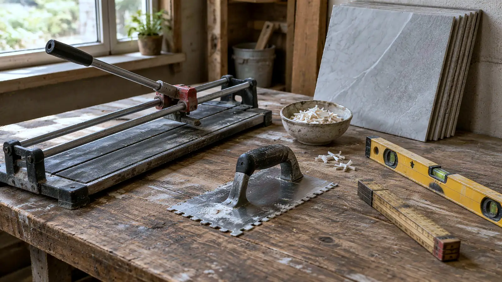 Werkbank mit Fliesenschneider, Zahnkelle und Wasserwaage